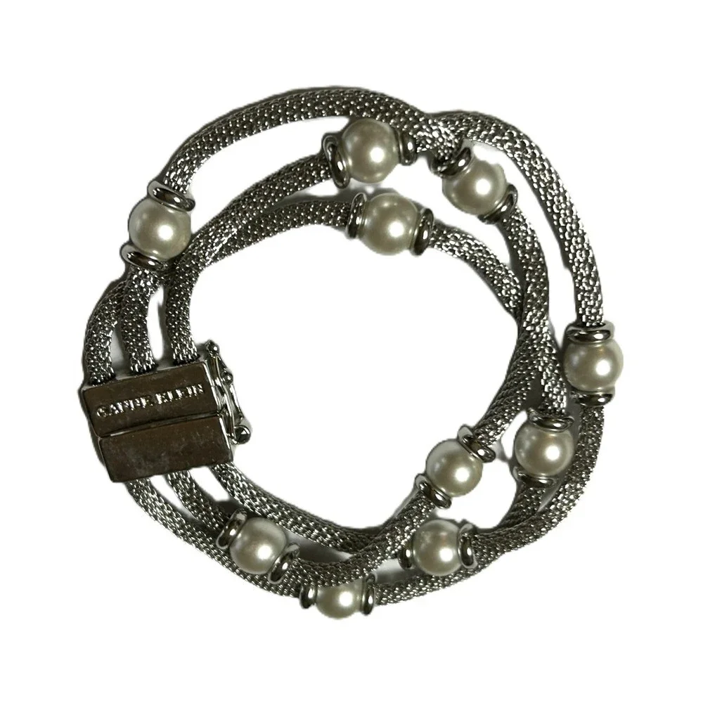 Vintage Anne Klein Silver Tone Mesh Chain Bracelet with faux Pearl Beads - Picture 1 of 3